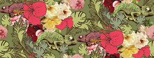 Flower And Chameleon Tropical Seamless Pattern.  Vector Illustration. Suitable For Fabric, Mural, Wrapping Paper And The Like