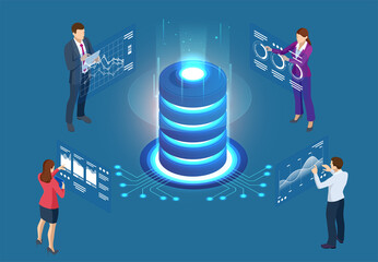 Isometric cloud computing concept represented by a server, with a cloud representation hologram concept. Data center cloud, computer connection, hosting server, database synchronize technology