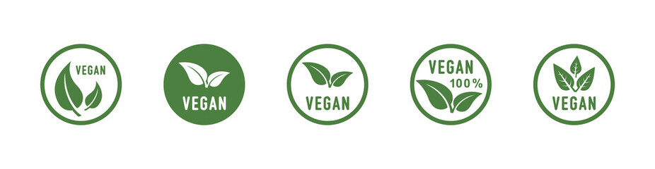 vegan round icons set. vegan food sign with leaves. logo. tag for cafe restaurants packaging design.