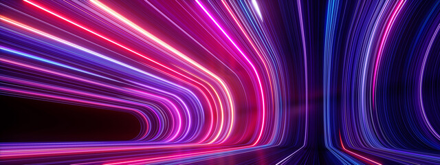 3d render, abstract panoramic neon background. bright purple violet pink lines glowing in ultraviole