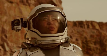 Wall Mural - Glad woman talking and exploring Mars