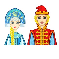 Wall Mural - Animation portrait of a family in ancient Russian clothes. Vector illustration isolated on a white background.