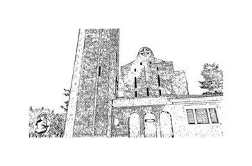 building view with landmark of guimaraes is a city in northern portugal. hand drawn sketch illustrat