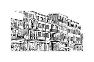 building view with landmark of guimaraes is a city in northern portugal. hand drawn sketch illustrat