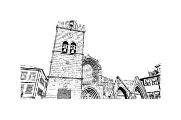 building view with landmark of guimaraes is a city in northern portugal. hand drawn sketch illustrat