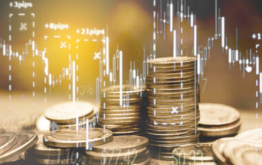 Double exposure of finance graph , stationary and rows of coins for goal office , finance and business concept background and forex trading graph with economy trends business or finance background.