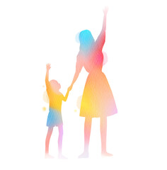 Wall Mural - Happy mom with her child silhouette plus abstract watercolor painting. Mother's day. Digital art painting. Double exposure.