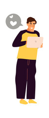 Poster - Man with digital tablet. Cartoon male holding mobile device and sending message. Happy young character chatting. Isolated teenager and speech bubble with hearts. Vector online communication