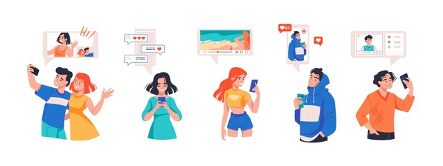 Poster - People with smartphones. Cartoon teenagers use phones. Network and online messaging. Friends share photos and videos. Bloggers make social media content. Vector men or women hold devices