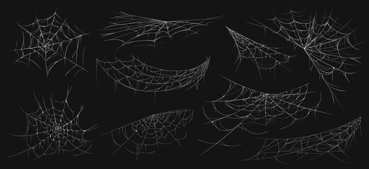 Wall Mural - Realistic spider web. Scary cobwebs. Isolated insect nets. Halloween decoration line elements set. Arachnid nettings. Hanging white creepy spidery threads. Vector natural grid templates