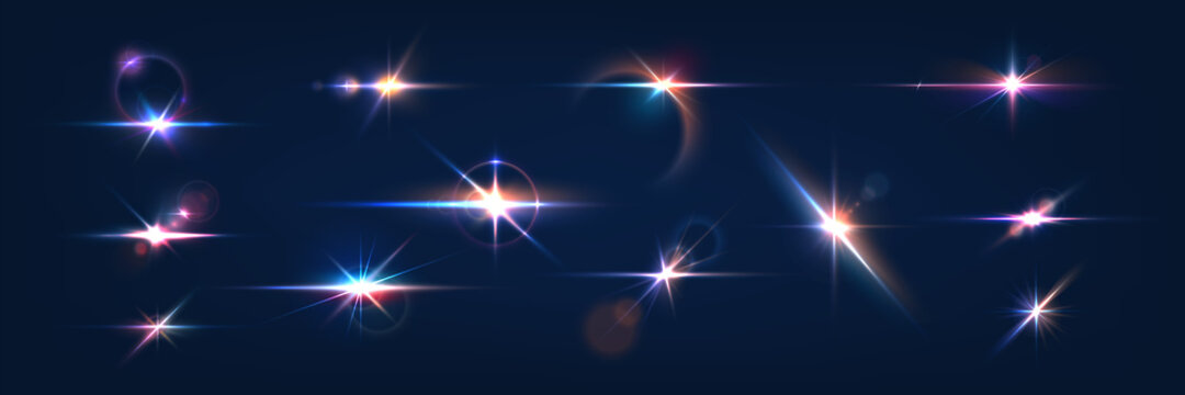 Wall Mural - Flash. Realistic flares. Glowing effects. Photography camera light or sunlight reflection from lens. Stars in space. Isolated glints set. Sparkle glares. Vector shimmering elements