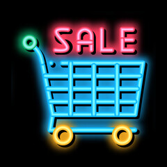 Wall Mural - shop sale cart neon light sign vector. Glowing bright icon shop sale cart sign. transparent symbol illustration