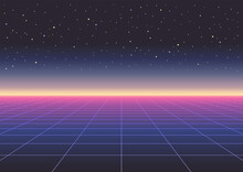 Neon Light Grid Landscape. Futurism Vector. Retrowave, Synthwave, Rave, Vapor Wave Party Background. Retro, Vintage 80s, 90s Style. Black, Purple, Pink, Blue Colors. Print, Wallpaper, Web Template