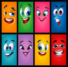 Set Of Cheerful Cartoon Faces For Graphic Composition