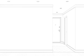 Wall Mural - Sketch of the empty room with a blank wall, parquet flooring, corridor with doors in the background. Front view. 3d render