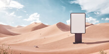 3d Illustration Of An Empty Billboard Standing In The Middle Of The Desert At Sunny Day.