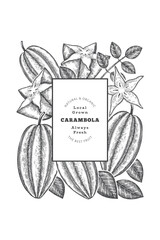 Hand drawn sketch style carambola banner. Organic fresh fruit vector illustration. Retro fruit design template