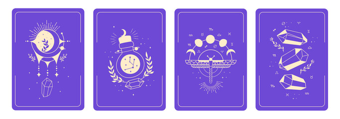 Wall Mural - Set of mystical templates for tarot cards, banners, flyers, posters, brochures, stickers. Cards with esoteric symbols. Silhouette of planets, stars, moon phases and crystals. Vector illustration