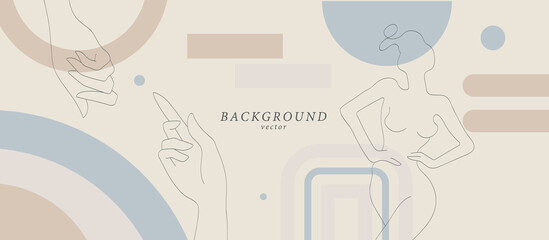 Wall Mural - Abstract background art with botanical and woman body shapes on soft background. Organic colors horizontal banner. Boho style minimalistic background. Vector illustration.