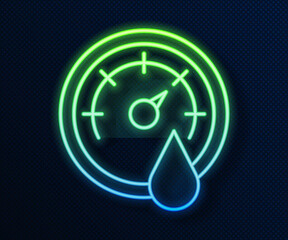 Wall Mural - Glowing neon line Sauna thermometer icon isolated on blue background. Sauna and bath equipment. Vector