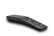 Side view of remote control for television with voice recognition function on white background.