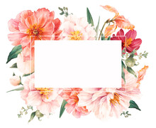 Watercolor Blooming Frame With Peony, Iris, White And Pink Flowers. Floral Card Or Label Design.
