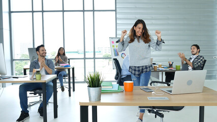 Wall Mural - Office teamwork celebration working happiness Happy business people dance expression together at office after job done complete in meeting room. Diversity people happy moment dance together in company