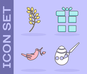 Sticker - Set Easter egg and paint brush, Willow leaf, Peace dove with olive branch and Gift box icon. Vector