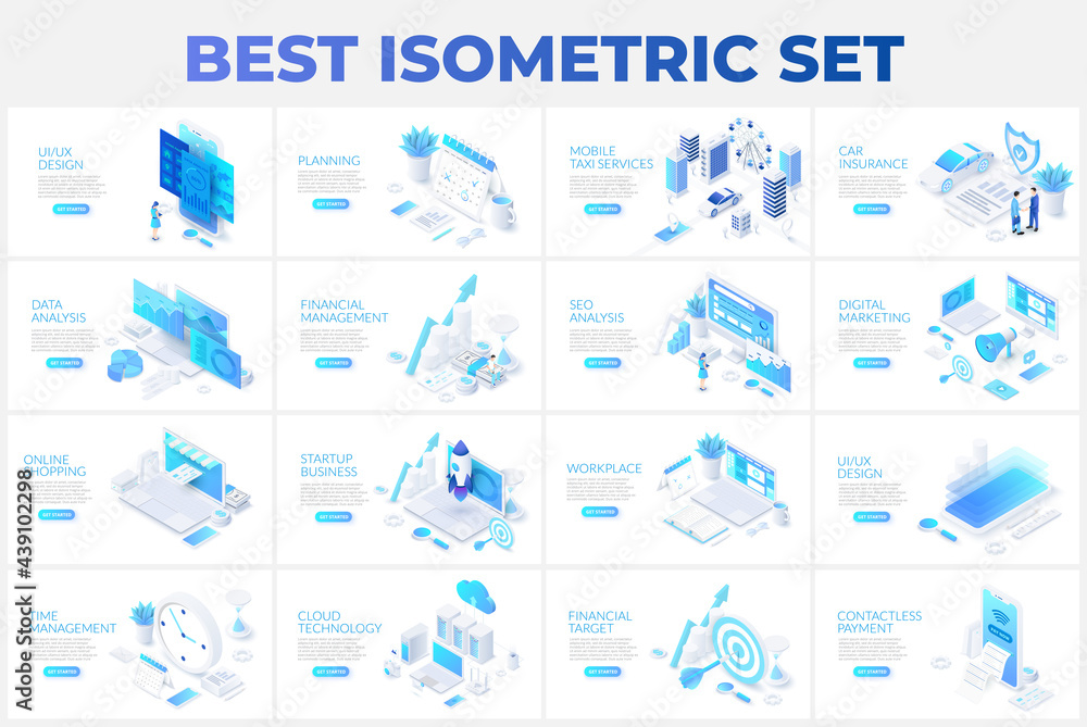Large set of isometric illustrations with characters for landing page, advertisement or presentation. Data analysis, management, SEO, online shopping and startup business - obrazy, fototapety, plakaty 