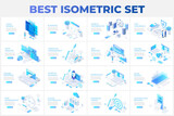 Fototapeta Sport - Large set of isometric illustrations with characters for landing page, advertisement or presentation. Data analysis, management, SEO, online shopping and startup business