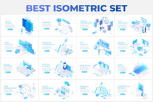 Large Set Of Isometric Illustrations With Characters For Landing Page, Advertisement Or Presentation. Data Analysis, Management, SEO, Online Shopping And Startup Business
