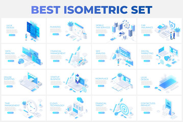 large set of isometric illustrations with characters for landing page, advertisement or presentation