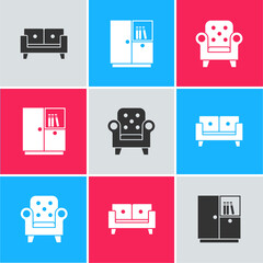 Poster - Set Sofa, Wardrobe and Armchair icon. Vector