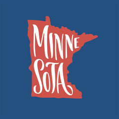 Wall Mural - Minnesota. Hand drawn USA state name inside state silhouette on blue background. Modern calligraphy for t shirt prints, posters, stickers, cards, souvenirs. Vector vintage illustration.