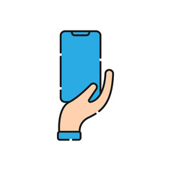 Wall Mural - Mobile Phone with Hand icon Vector Design. Smartphone icon with Hand Gesture design concept for e-commerce, online store and marketplace website, mobile, logo, symbol, button, sign, app