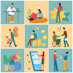 People work talk study communicate, sport activity vector illustration set. Cartoon tiny active man scientist working, woman using big phone social media communication, happy family move background