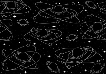Wall Mural - space vector seamless pattern with handwritten planets with rins, stars and constellations