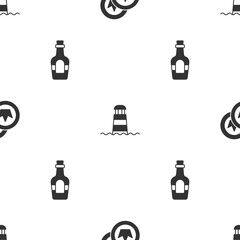 Wall Mural - Set Pirate coin, Lighthouse and Alcohol drink Rum on seamless pattern. Vector