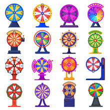 Fortune Wheel. Casino Game Jackpot Lucky Wheels, Spinning Striped Roulette Isolated Vector Illustration Set. Rotating Lottery Wheel Roulette