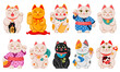 © WinWin - Japanese maneki neko cats. Cartoon lucky japan traditional cat toys, kawaii oriental fortune symbol animal vector illustration set. Cute asian maneki neko cats