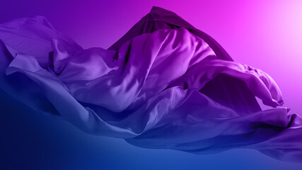 Wall Mural - 3d render. Abstract folded cloth, silk textile, neon pink blue drapery ultraviolet background