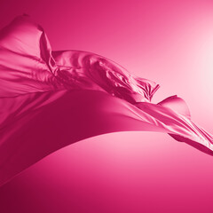 Wall Mural - 3d render. Abstract fashion background with pink silk drapery falling down. Cloth is blown away by the wind