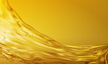 3D Golden Oil Liquid Background With Shining Rays. Realistic Golden Liquid Surface Of Oil Petrol Flow.Template Cosmetic Products With Oil Q10. Olive Oil. Vector Illustration EPS10