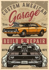 Poster - Muscle cars custom garage colorful poster