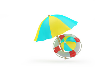 Wall Mural - Colorful beach umbrella with ball and lifebuoy isolated on white. 3d illustration 