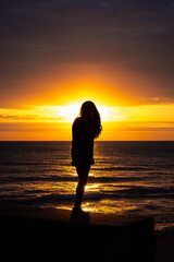 Wall Mural - a gorgeous silhouette of a woman with long hair standing on the beach with the glow from the sun ill