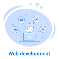 Web development and programming languages.Web design and site layout using templates.Vector illustration of a thin line icon on a blue background.