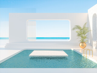Poster - Summer scene with geometrical forms, arch with a podium in natural day light. sea view. 3D rendering background.
