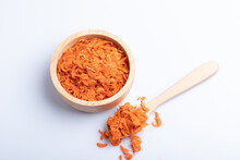 Shredded Shrimp In Wooden Cup And Wooden Spoon On White Background.