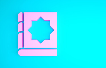 Poster - Pink Holy book of Koran icon isolated on blue background. Muslim holiday, Eid Mubarak, Eid al-fitr, Ramadan Kareem. Minimalism concept. 3d illustration 3D render